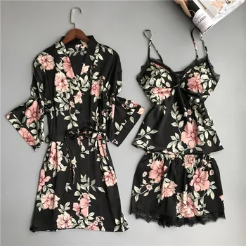 

3PCS Women Nightgowns Sexy Nightwear Wireless Rimless Pajamas Lace Nightdress Silk Underwear Women Sleepwear