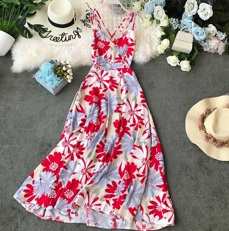 Платье богемное Flroal Vestido сексуальное летнее платье с v-образным вырезом женское без рукавов с открытой спиной пляжное стильное ТРАПЕЦИЕВИДНОЕ длинное платье AE833