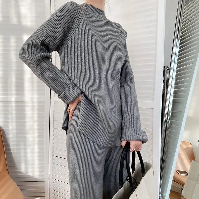 WYWM 2021 Pit Stripes Knitted Sets Women Casual Wide Leg Pants Winter Chic Ladies Two Pieces Pullover Sweater Tops Solid Clothes