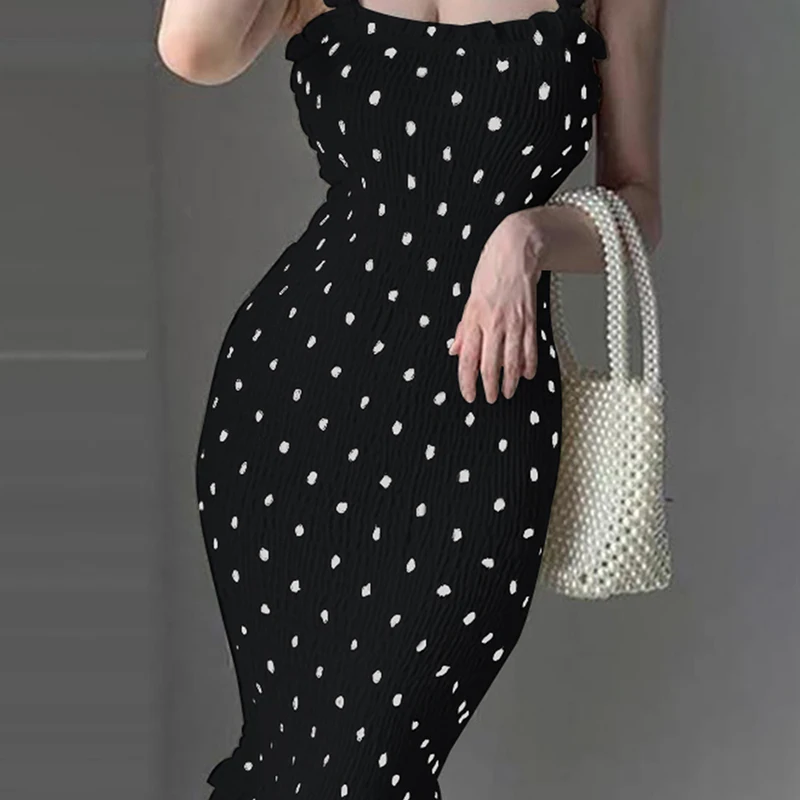 Women Fashion Polka Dots Print Bodycon Party Dress Chic Ruffled Hem Thick Strap Cocktail Party Midi Dress