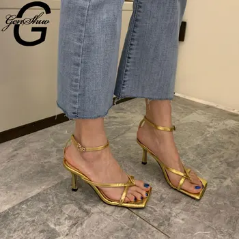 

GENSHUO 2020 Summer Sandals Black White Open Toed High Heels Women Thin Heel Square Toe Ladies Summer Sandals Pumps Size 35-39