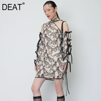 

[DEAT] 2020 Women's Autumn Fashion Trend New Pattern White Tiger Print Long Sleeve Hollow Lace Mandarin Collar Dress AI509