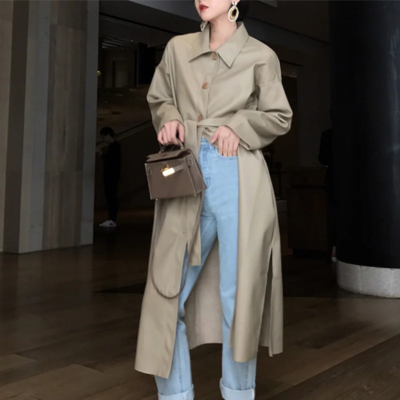 Осенний Тренч из искусственной кожи, Женское пальто, модная шикарная длинная верхняя одежда, свободное Женское пальто, однобортное женское длинное пальто