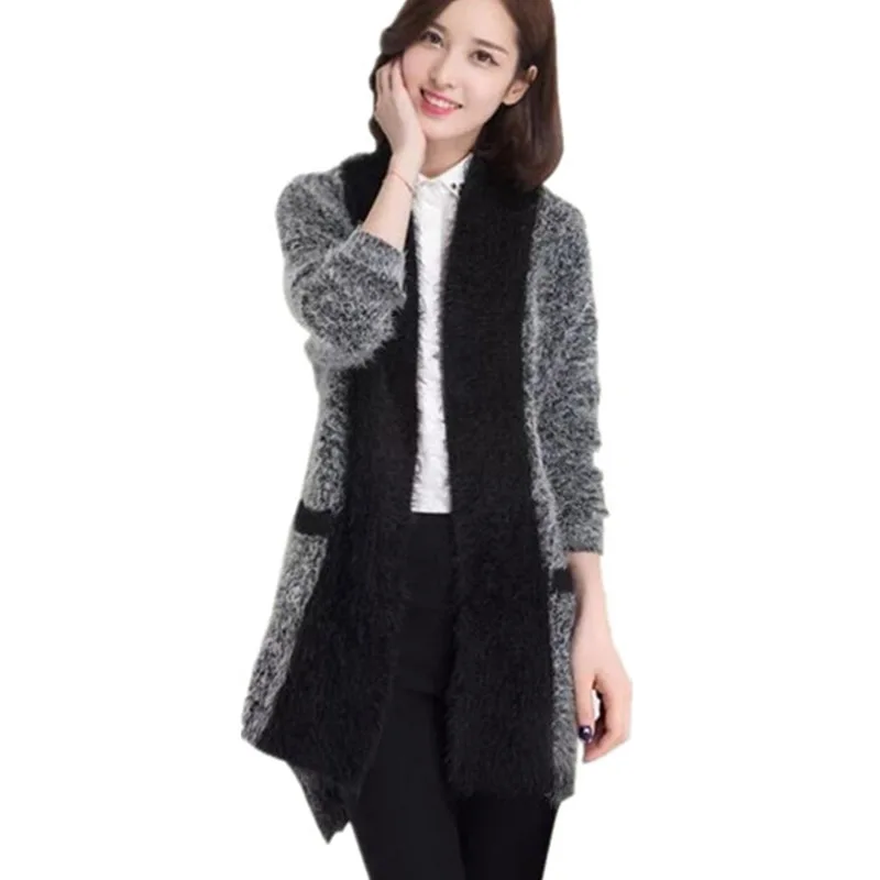 Suéter largo para mujer, cárdigan con cuello en V, coreano, Mohair