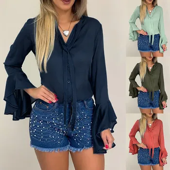 

Women's Fashion Autumn Winter Button Solid Color Shirt Trumpet Sleeves Tie Tops Wholesale Free Ship рубашка женская Z4