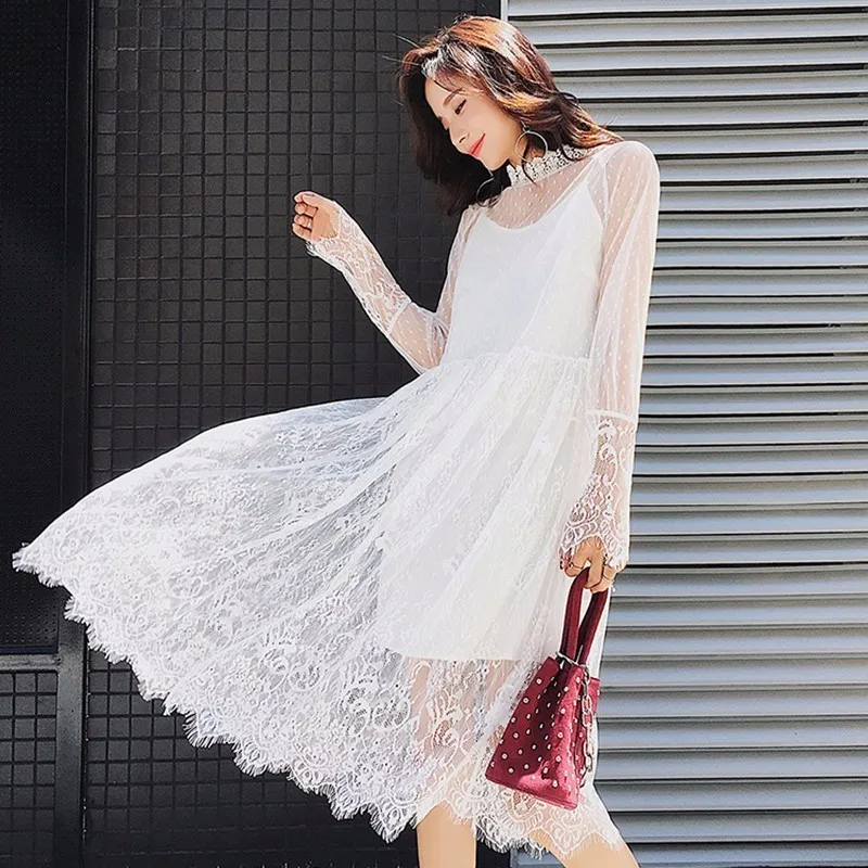 TWOTWINSTYLE-Basic-Lace-Dress-Female-Stand-Collar-Tunic-High-Waist-Big-Size-Midi-Dresses-2018-Spring