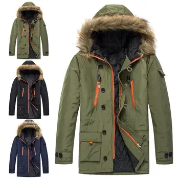 

Men Winter Faux Fur Collar Slims FIt Warm Cotton Coat Midi Hooded Jacket Outwear Men's solid color overalls keep warm in winter
