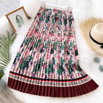 

Vintage Printing Long Midi Tutu Skirt Bohimia Style Women Summer Silk Pleated Skirt High Waist A Line Tulle Skirts Femme