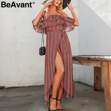 BeAvant Полосатое женское летнее платье с открытыми плечами, элегантное льняное длинное платье с рюшами, повседневное пляжное сексуальное платье с открытой спиной для женщин