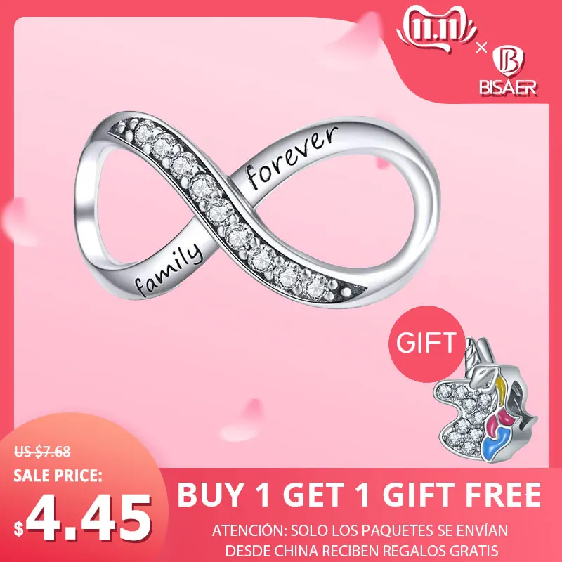 

BISAER Valentines Day Gift 925 Sterling Silver Infinity Love Charms Infinite Beads fit Bracelets Zircon Jewelry Making ECC1146