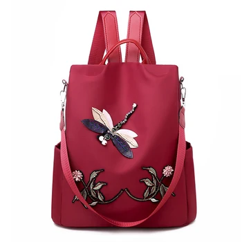

Waterproof Women Anti-theft Backpack Zipper Oxford School Bags Dragonfly Flower 3D Embroidered Backpack Female Rucksack Backpack