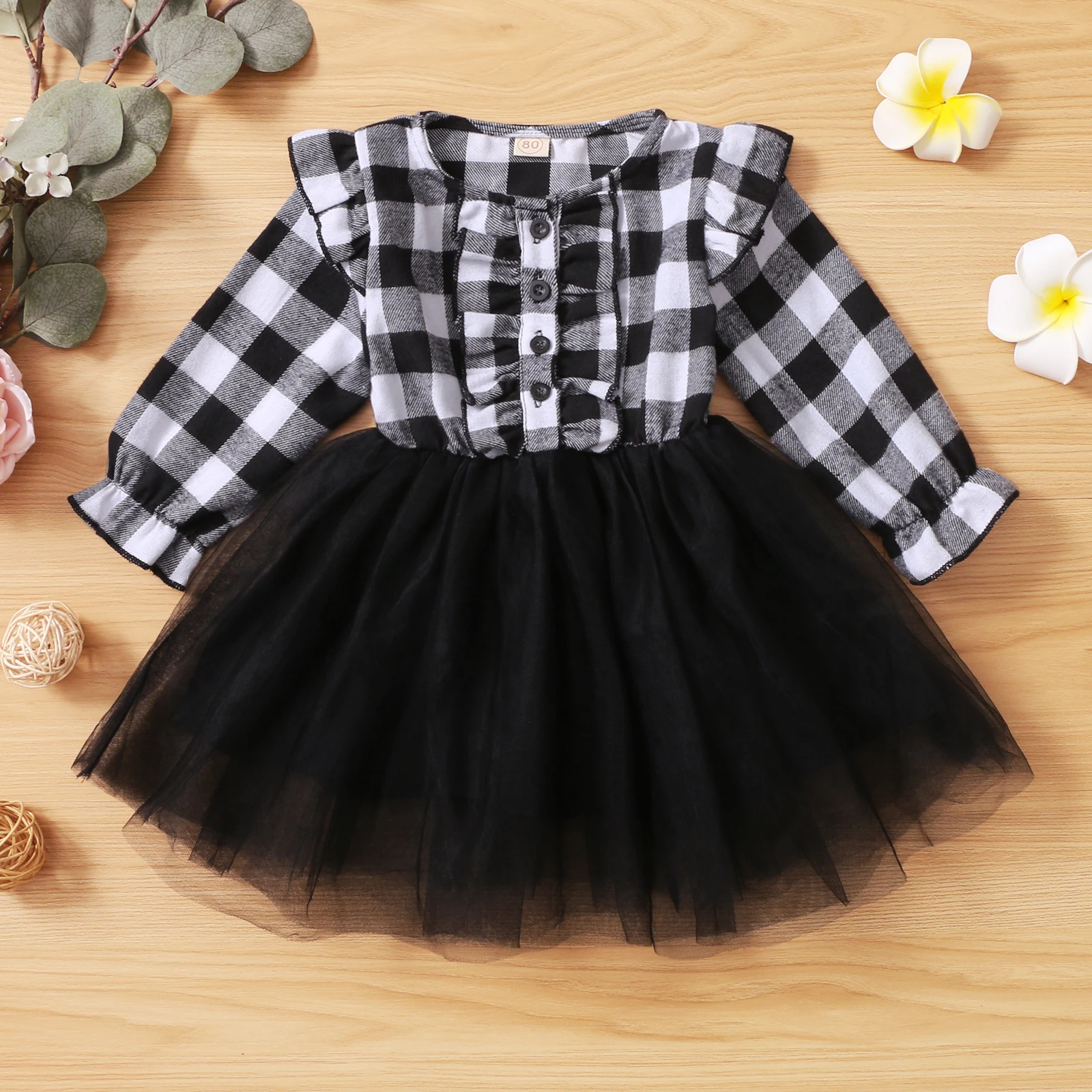 FOCUSNORM 1-5Y Autumn Kids Girls Lovely Xmas Dress Plaid Printed Long Sleeve Ruffles Bow Lace Patchwork Tutu | Детская одежда и