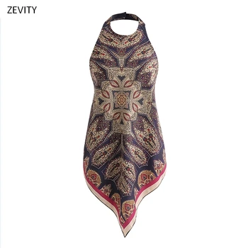 

Zevity New Women vintage totem flower print suspende camis tank tops summer wear female sexy backless bow tied sling tops LS6785