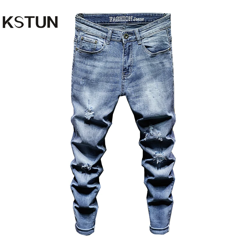Mens Ripped Jeans Slim Fit Light Blue Stretch Fashion High Street Jeans Destroyed Frayed Hip Hop Male Casual Denim Jeans Pants Mens Ripped Jeans Slim Fit Light Blue Stretch Fashion High Street Jeans Destroyed Frayed Hip Hop Male Casual Denim Jeans Pants