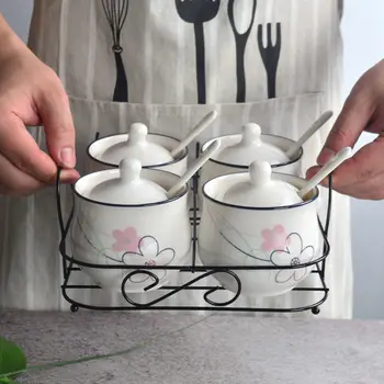 

Seasoning Pot Four-piece Ceramic Set Seasoning Pot Seasoning Box Seasoning Bottle Salt Shaker Oil Tank Seasoning Box To Send