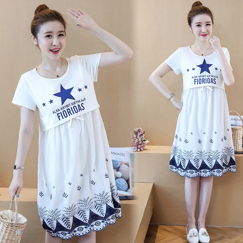 

2019 Summer New Style Nursing Pregnancy Pregnant Women Dress Korean-style Fashion Short Sleeve Medium-length Nursing Clothes
