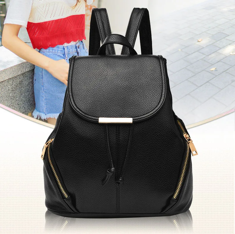 2019 High Quality PU leather Zipper Backpacks Female Small Leisure Backpack Purse College Student Shoulder School Bag Black Pink (2)