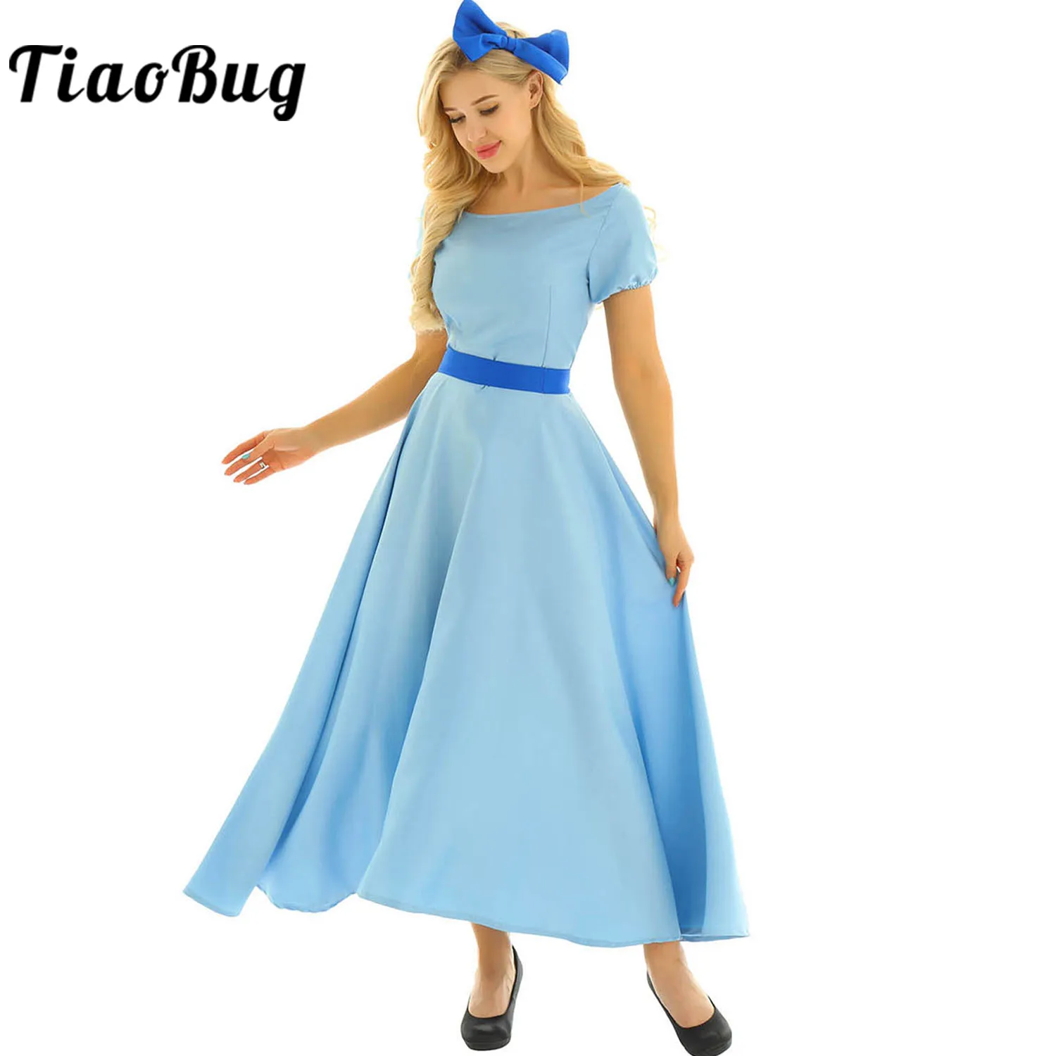 Blue Wendy Dress Women Adult Halloween Cosplay Costume Outfits Short Puff Sleeves Princess Fancy Dress Up Maxi Dress