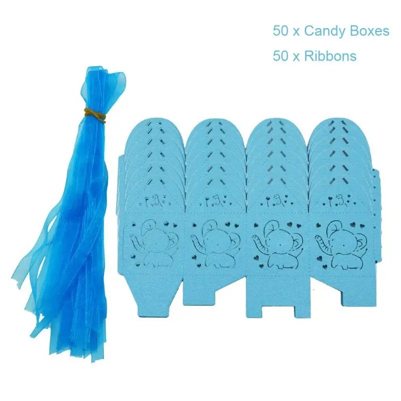 

50pcs Hollow Out Blue Elephant Pattern Candy Boxes Gift Bags Baby Shower Party