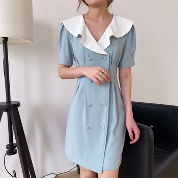 

Summer women's dress casual solid color lapel short-sleeved double-breasted dress