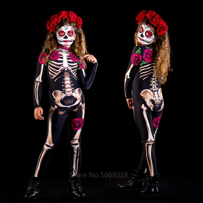 

Skeleton Rose Sexy Women Halloween Devil Ghost Jumpsuit Party Carnival Performance Scary Costume Kids Baby Girl Day Of The Dead