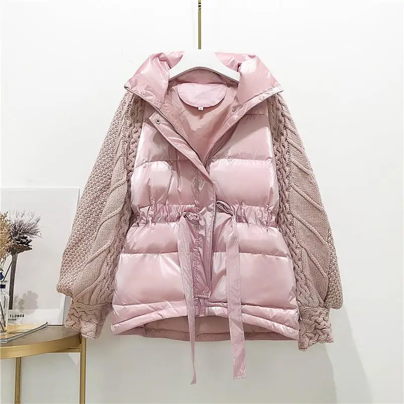 Fitaylor, новинка, зимняя куртка, для женщин, вязаный пуховик, на молнии, белый утиный пух, короткая куртка, для женщин, для снега, теплое пальто - Цвет: Розовый