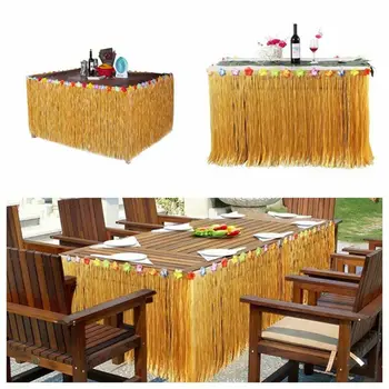 

3 Colors Hawaiian Table Skirt Tropical Luau Table Edge Grass Bench Table Skirt Cover for Party Outdoor Table Decor