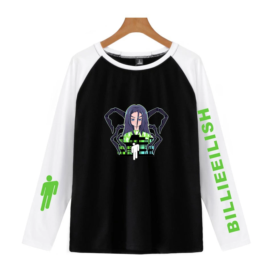 Billie Eilish kpop Harajuku двухцветная хлопковая футболка с длинным рукавом, Мужская/женская летняя футболка размера плюс, Новинка