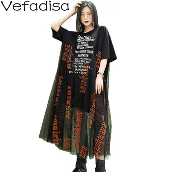 

Vefadisa Letter Embroidery Long Dress Mesh Patchwork Women Dress 2020 Summer Short Sleeve Plus Size A-Line Dress Black QYF2546