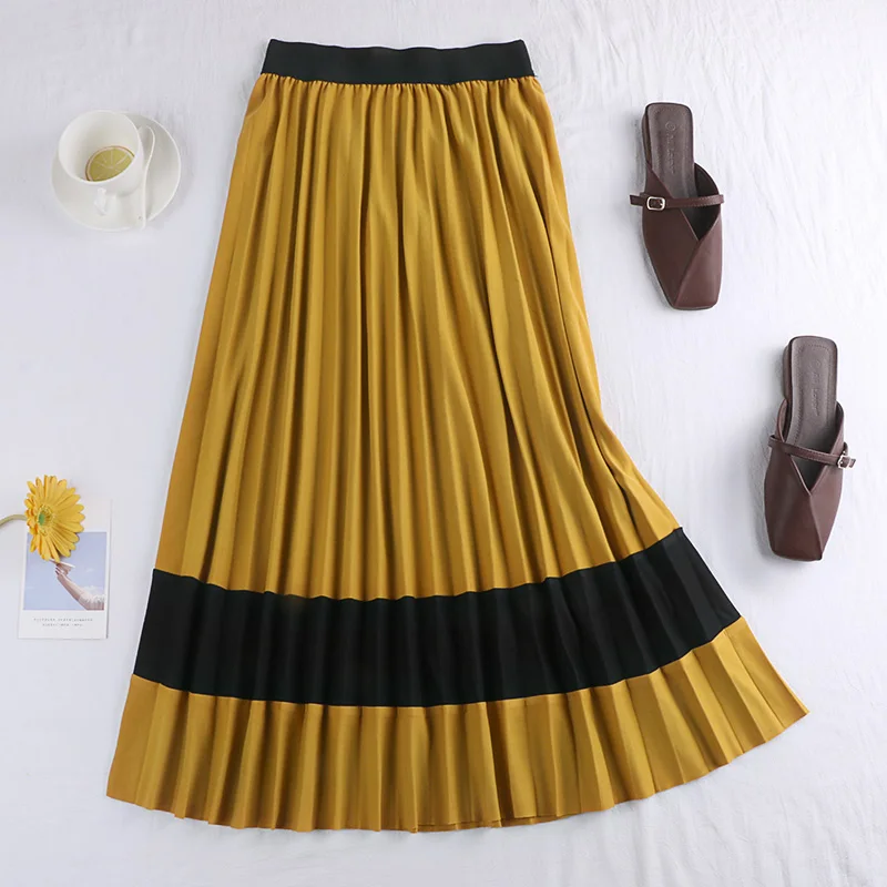 

Autumn Patchwork Pleated A-line Long Skirts Contrast Color Draped Maxi Long Pleated Skirts
