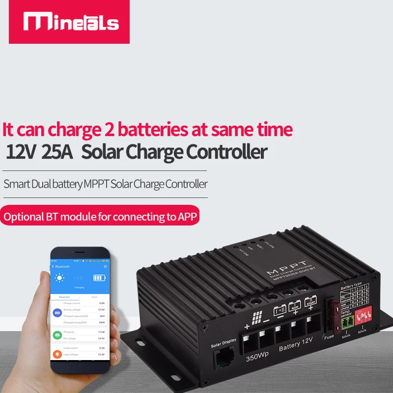 Controlador de Carregamento Solar Inteligente Bateria Dupla Regulador Solar Mppt para rv Suporte Bluetooth App 12v 25a