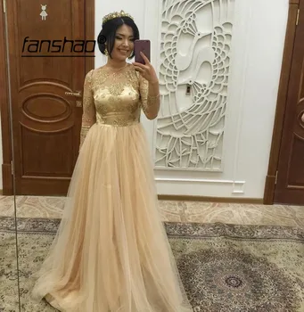 

Gold Muslim Evening Dresses Appliques Tulle A-Line Illusion Dubai Saudi Arabic Evening Gown Prom Dress