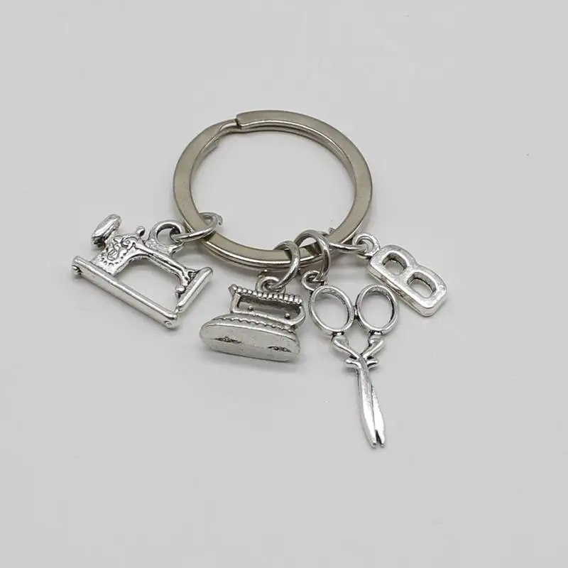 New fashion jewelry letter keychain, sewing machine keychain, ironing machine charm keychain, scissors keychain, clothing design