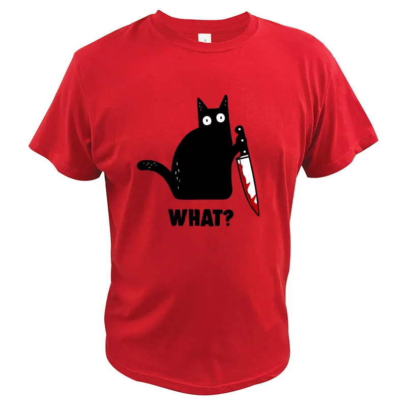 Забавная футболка с котом, с ножом, для хеллоуина, мягкая футболка с круглым вырезом, европейский размер, хлопок - Цвет: Красный
