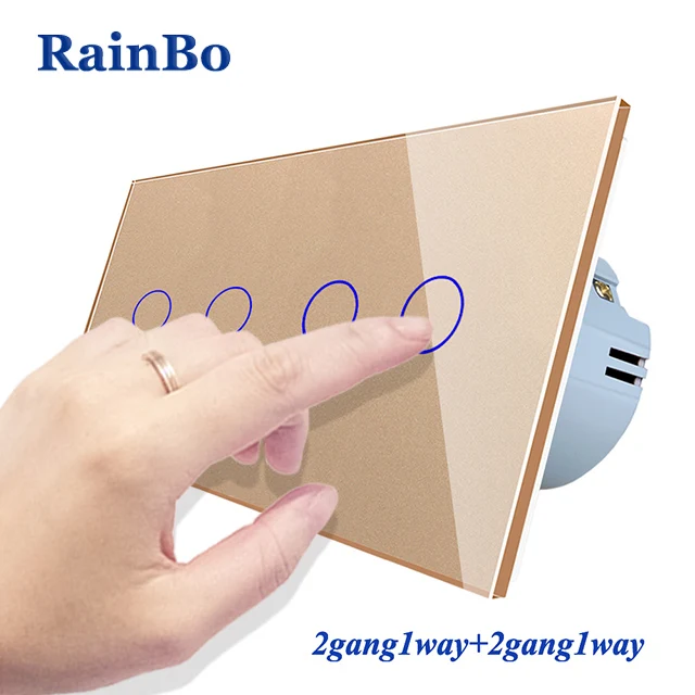 RainBo 2frame-кристалл стекло-панель Переключатель-настенный выключатель ЕС сенсорный экран-настенный светильник-переключатель 2ганг-1way+ 2ганг-1way A292121CW/B - Цвет: Gold Circle