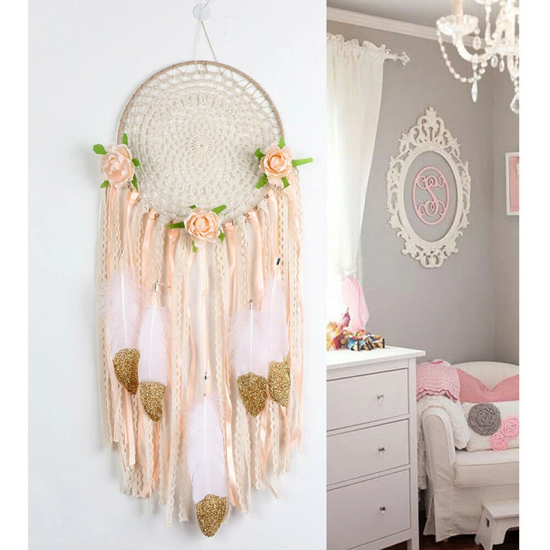 Boho Dream Catcher Feather DIY Material Kit Wall Hanging Dreamcatcher Room Decor Ivory Colors Wooden Beads