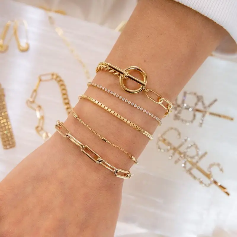 5 шт./компл. простой инкрустированный циркон браслет pulseras mujer moda индивидуальная цепь круговая цепь ретро браслет
