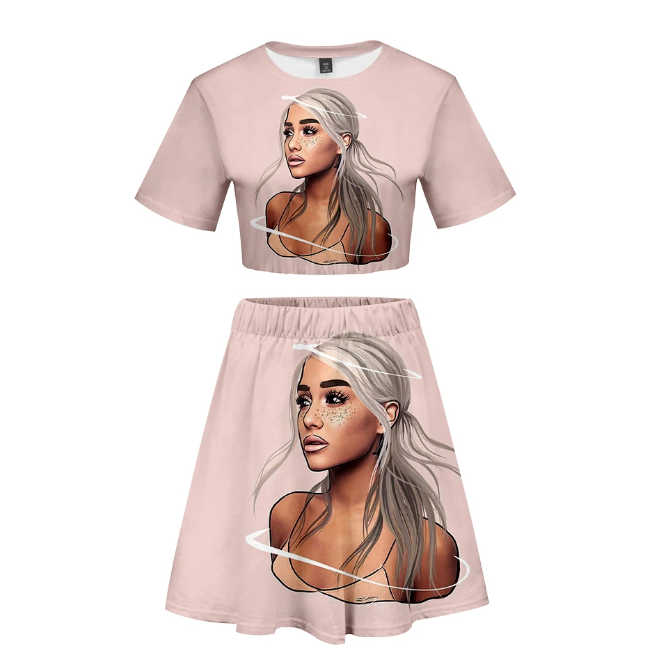 Ariana Grande/костюм с 3D короткой юбкой, Лидер продаж, футболка с короткими рукавами и короткая юбка, костюм из двух предметов, Новые повседневные комплекты высокого качества