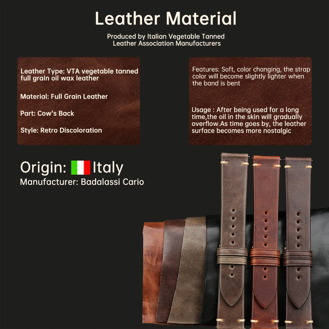 Vintage Watch Band Vegetable Tanned Leather In Tuscany Italy