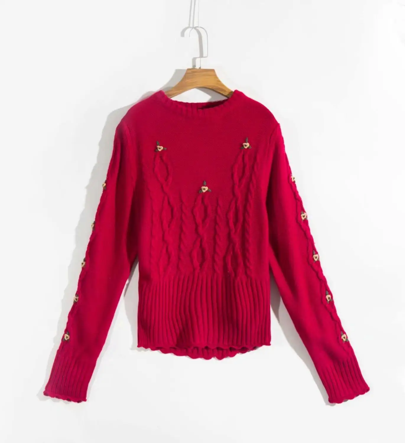 N390 red F0692 Bazaleas Франция красный цветочный вышитый женский свитер винтажный круглый вырез Мила свитер женский ретро теплый вязаный - Цвет: N390 red F0692