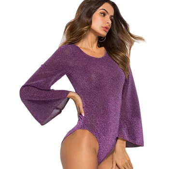 

Summer O-Neck Sexy Overalls Black Long Sleeve Skinny Bodysuit Female Solid Color Flare Sleeves Slim Bodysuit For Women