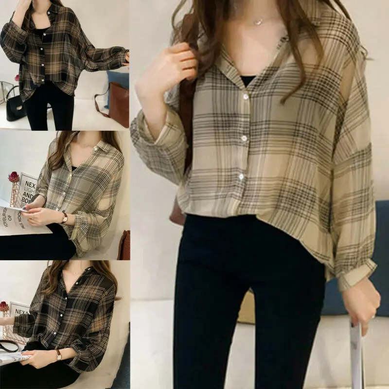 Women's Casual Check Shirts Summer Sunscreen Plaid Button Long Sleeve Baggy Shirt Ladies Blouse Tops and Blouses Plus Size M-4XL