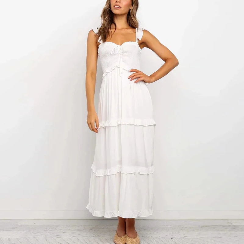 Long White Boho Cotton Day Dress Summer Women Elegant Beach Party Maxi Ruffle Sexy Backless Clothes Female | Женская одежда