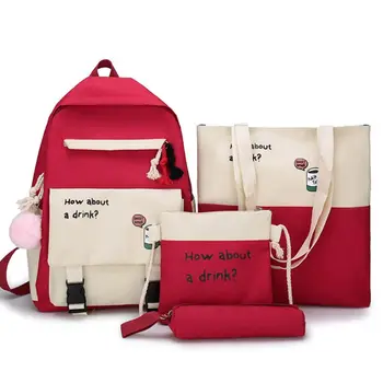 

4pcs Canvas Patchwork Daypacks School Backpack Shoulder Bags Bookbag Pencil Case Set for Student Teen Girls