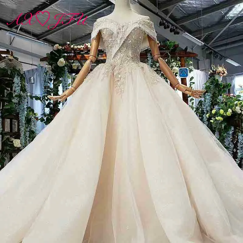 Axjfu Vestido De Novia De Encaje Dorado De Flores De Cristal Con Cuentas De Princesa De Lujo Vestido De Novia Cuello Barco Vintage Vestido De Boda 2412