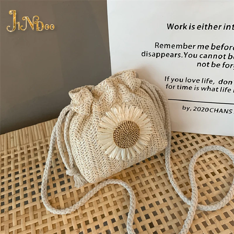 2022 New Women Beach Straw Bags Classic Chic Sunflower Drawstring Woven Bucket Crossbody Shoulder Messenger Bag Casual Wallet