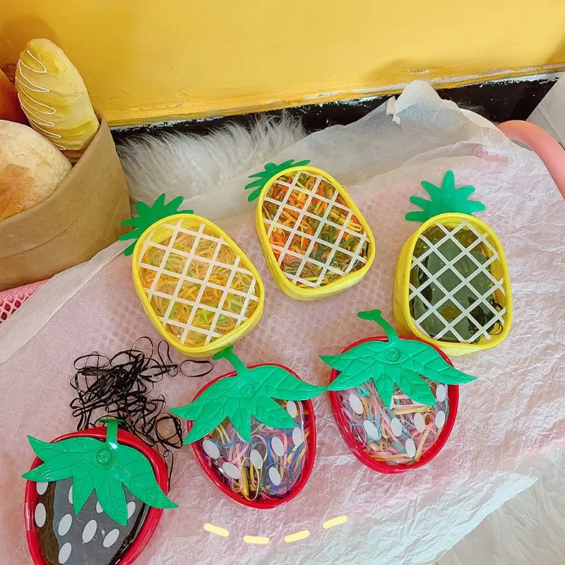 

EDCRFV 1 Set Kids Disposable Elastic Hair Bands with Cartoon Strawberry Pineapple Zipper Case Girls Hair Ropes Hairwear 8 Colors