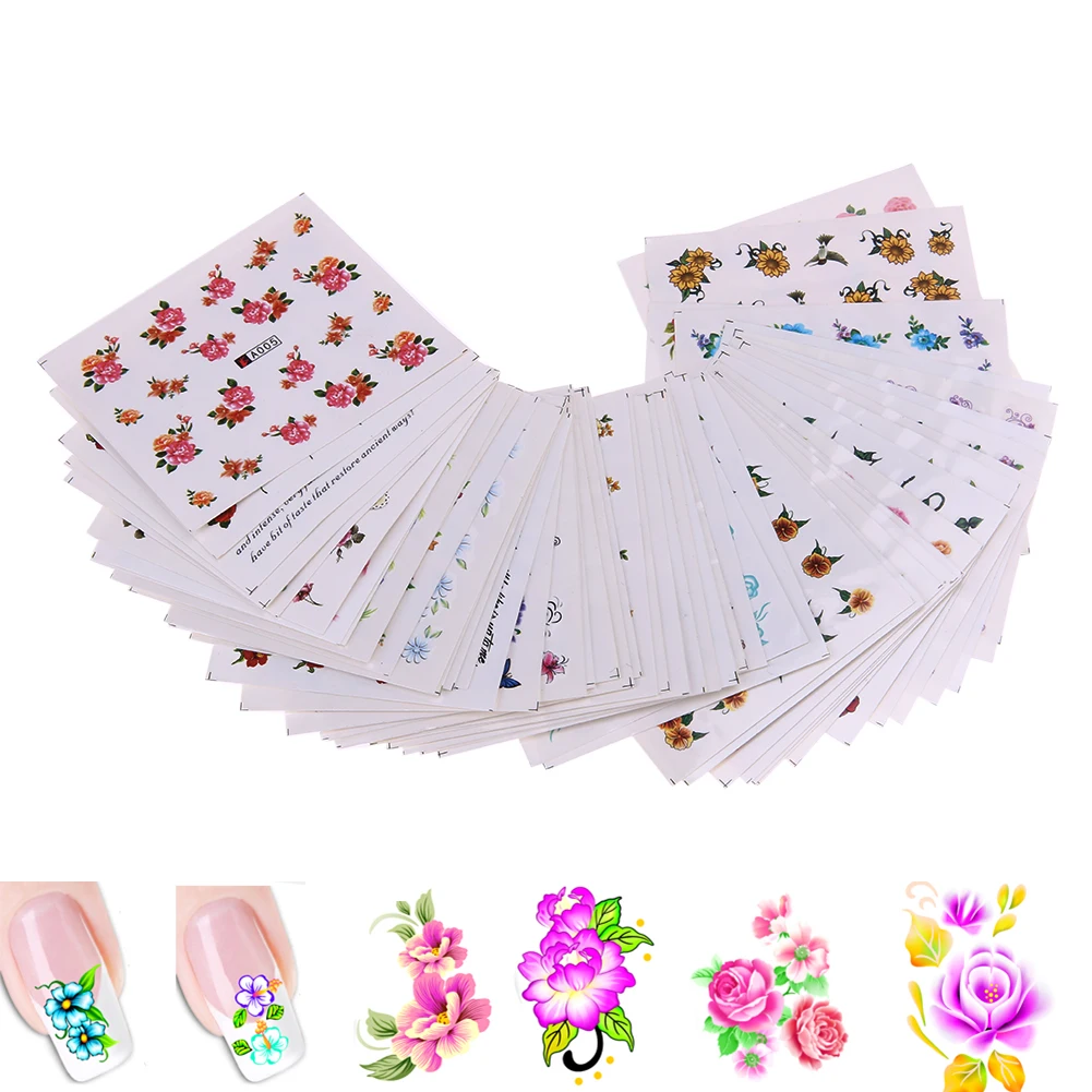 50 Sheets Mixed Flower DIY Design Nail Sticker Water Transfer Wraps Nail Art Stickers Manicure Tips Decal Beauty Decorations