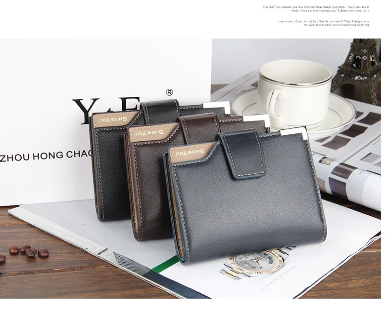 New Korean Casual Men's Wallet Short Vertical Locomotive British Casual Multi-function Card Bag Zipper Buckle Triangle Folding