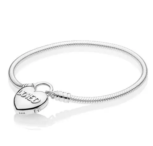 Подлинный 925 пробы серебряный браслет Moments Smooth Love Сердце навесной Замок Браслет Fit бисера Шарм Diy ювелирные изделия